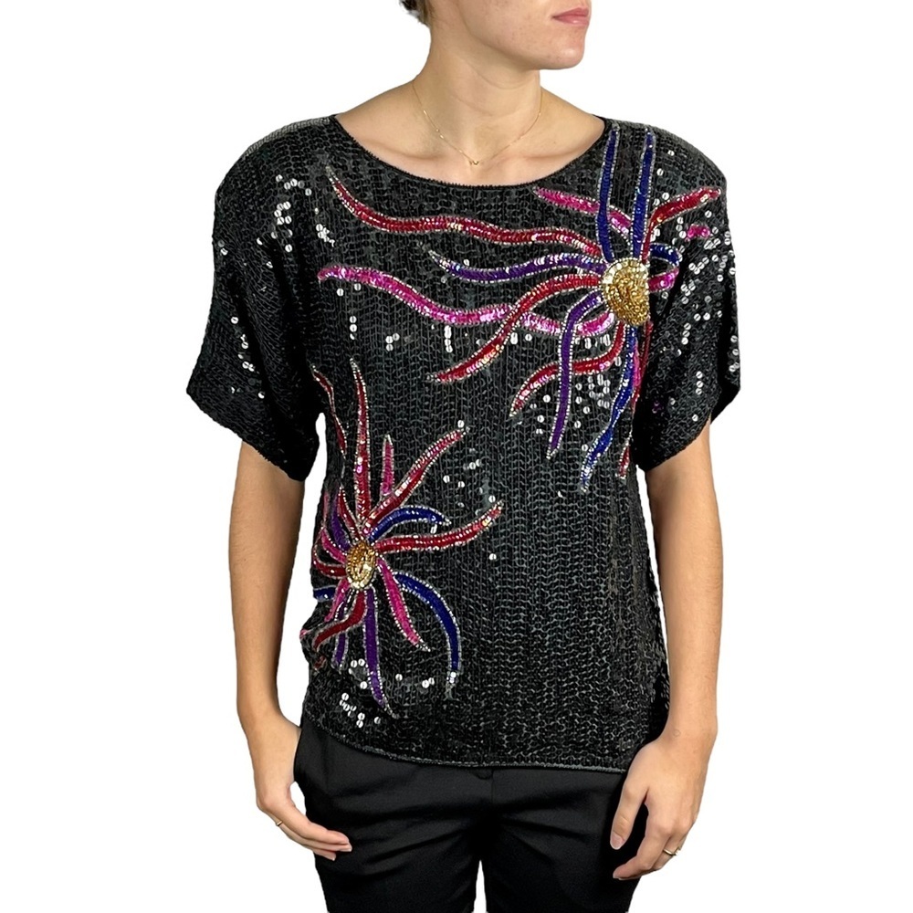 VINTAGE 1980S SEQUIN EMBELLISHED SILK HOLIDAY EVENING TOP JEAN FOR JOSEPH LE BON
